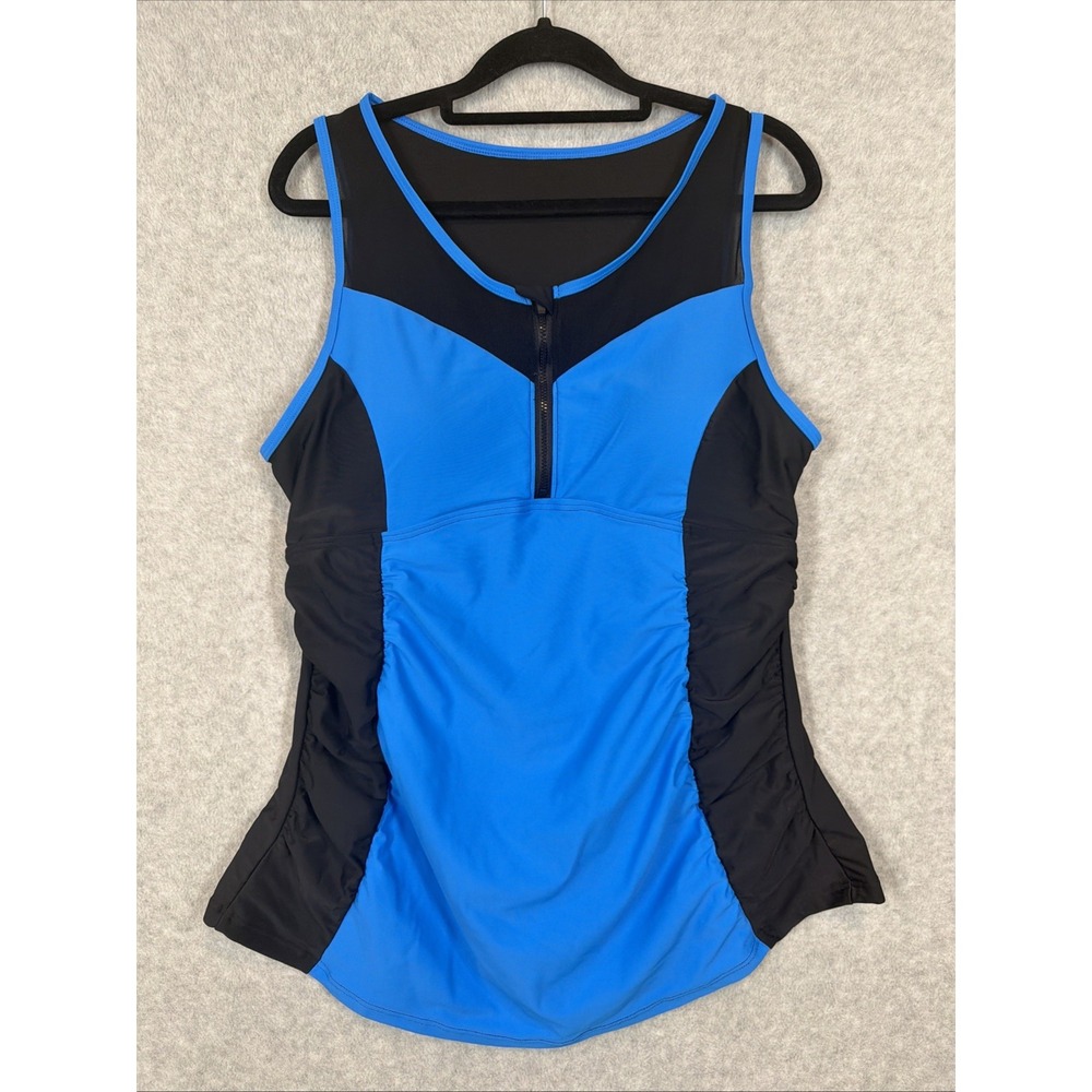 Bloomchic Contrast Patchwork Gathered Half Zip Swim Black & Blue Size 14 NWOT - Picture 2 of 16